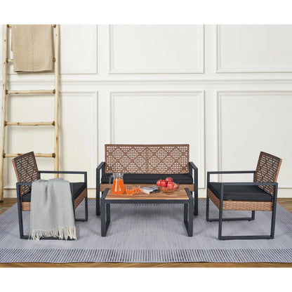 Heavy-duty Patio Furniture Set, 4 Piece Outdoor Sectional Conversation Sets, BrownPE Rattan Patio Sofa Set with Blue Cushions