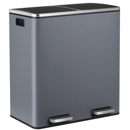 LAZY BUDDY Dual Garbage Can, Stainless Steel 16 Gallon Step Kitchen Trash Can with Soft-Close Lid, Double Compartment Garbage Recycling Bin