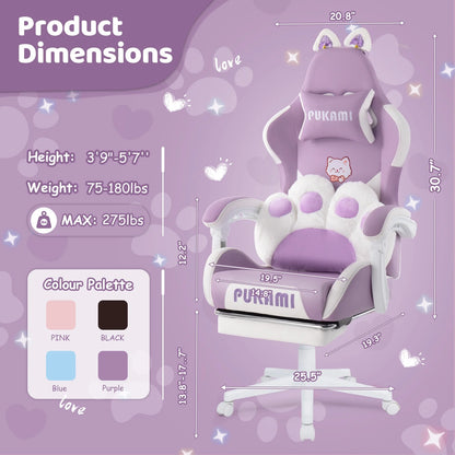 Waleaf Pink Gaming Chair with Cat Paw Lumbar Cushion and Cat Ears for Girls, Reclining Office Computer Chair with Footrest for Adults, Teens