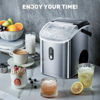 Auseo SS Nugget Countertop Ice Maker with Soft Chewable Ice, 35Lbs/24H, Self-Cleaning, Ice Scoop, Stainless Steel Silver, for Kitchen/Office/Party