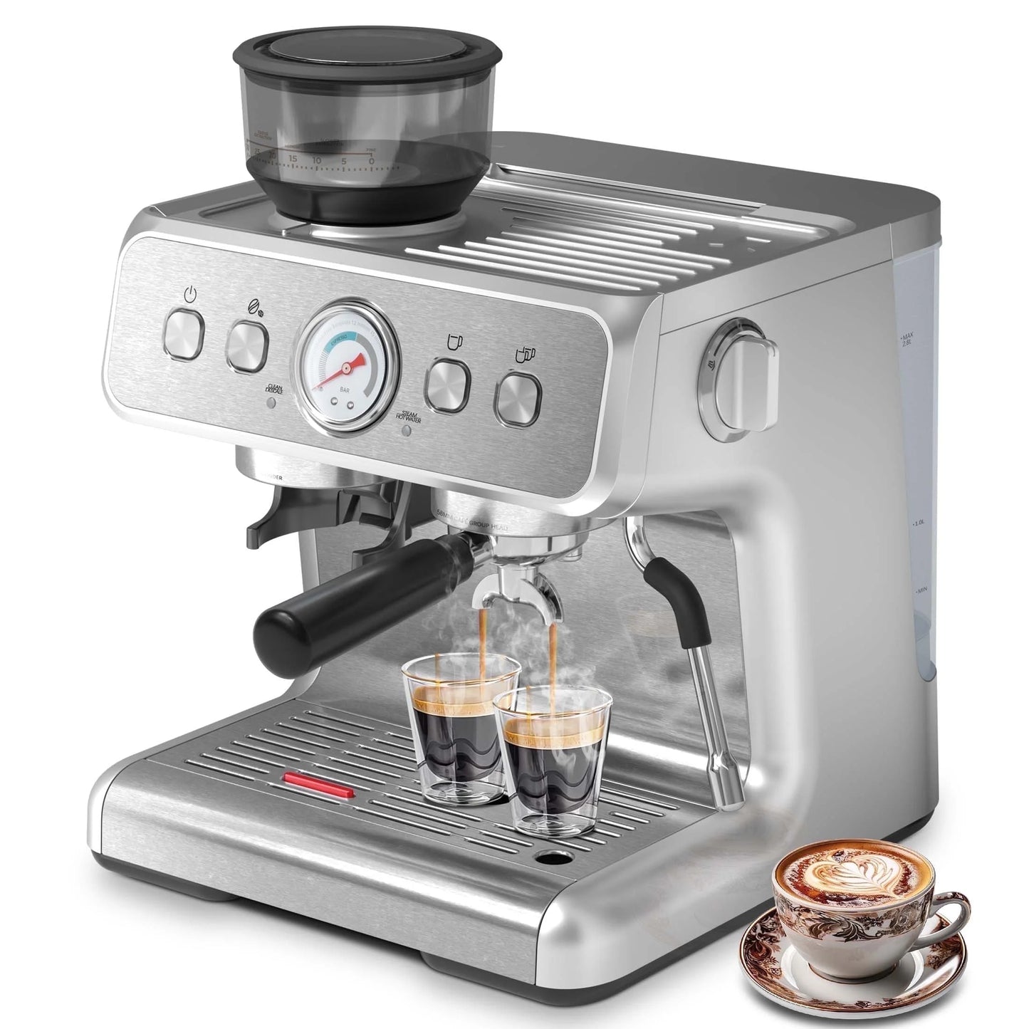 Auseo  20 Bar Automatic Espresso Coffee Maker with Grinder and Milk Frother Steam Wand, Drip Hot Coffee, 1&2 Cups, Espresso/Cappuccino/Latte/Mocha for Home, Stainless Steel