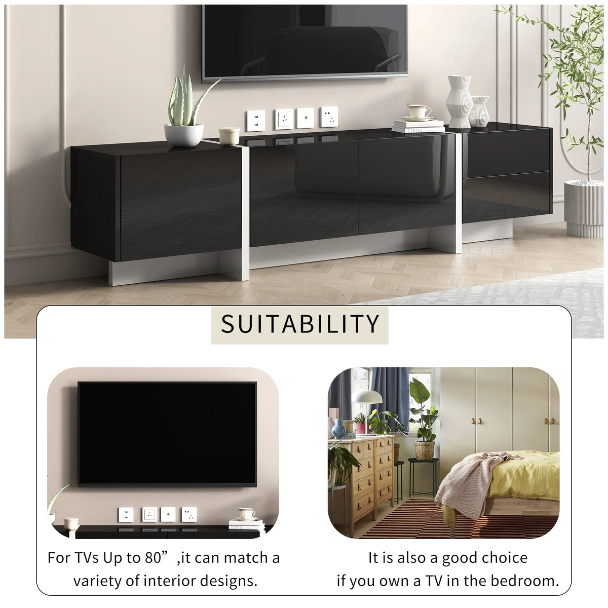 EUROCO Mid-Century Modern TV Stand Up to 80" Contemporary Rectangle ,Unique Style TV Console Table with Cabinet&High Gloss UV Surface for Living Room Bedroom