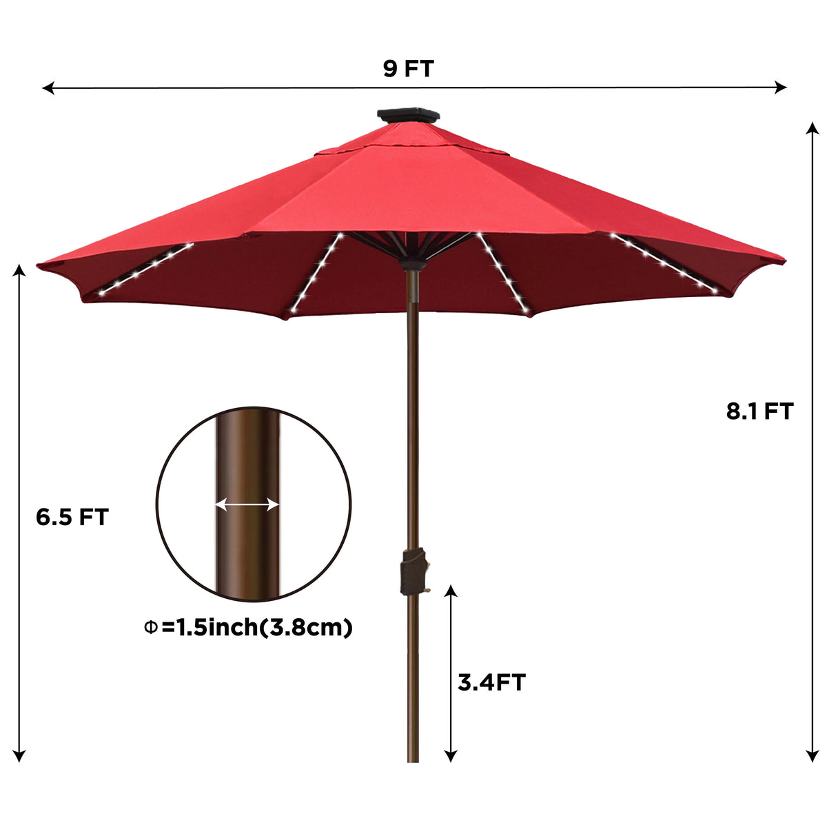 EliteShade Sunbrella Solar Umbrellas 9ft Market Umbrella with 80 LED Lights Patio Umbrellas Outdoor Table Umbrella with Ventilation and 5 Years Non-Fading Top,Ruby