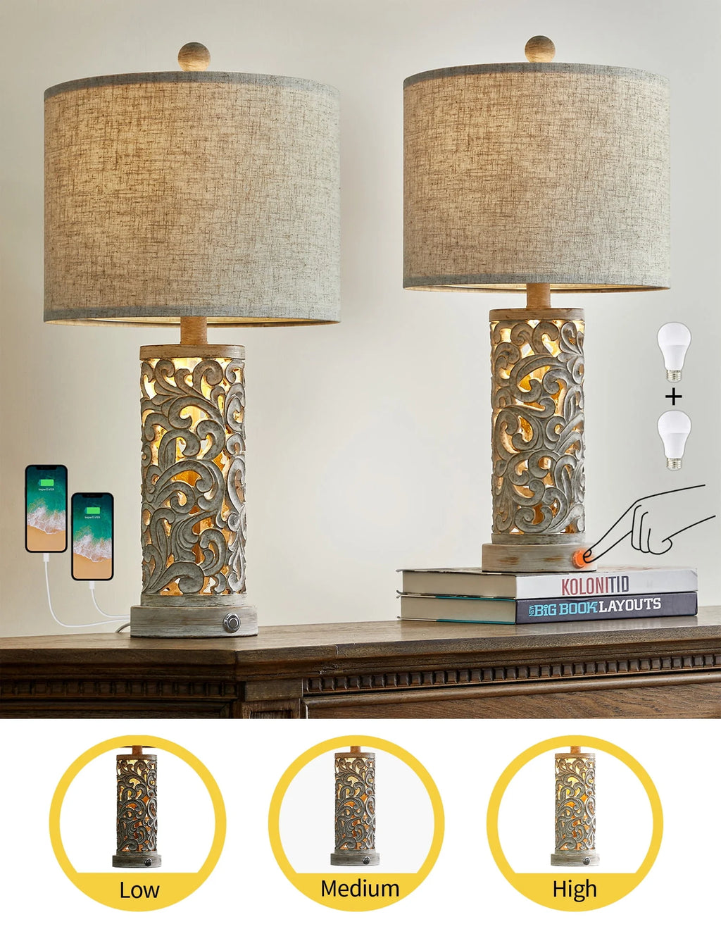 Oneach 3 Way Dimmable Touch Table Lamps for Living Room Bedroom Set of 2 Bedside Lamps with USB Ports 21" Retro Farmhouse Nightstands Lamp Resin(Bulbs)