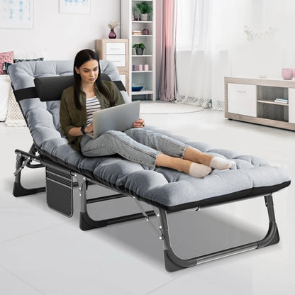 MOPHOTO Lounge Chair with Mattress, Outdoor Chaise Lounge Support 440 Lbs, Adjustable Portable Heavy Duty Sleeping Cots Bed for Camping, Pool, Beach, Patio