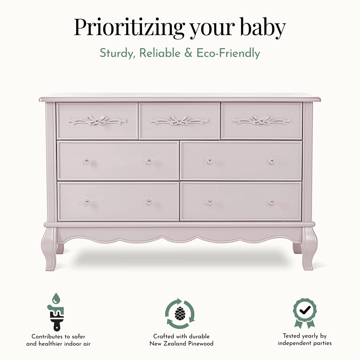 Evolur Aurora 7-Drawer Double Dresser in Ivory Lace, Spacious Drawers