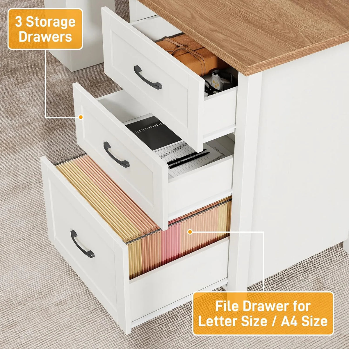 Vabches 68" H L Shaped Desk and Hutch with Storage, Office Desk with Drawers, Charging Station, Sliding Doors, Unique White