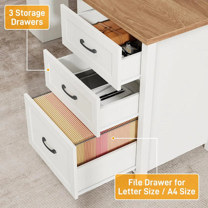 Vabches 68" H L Shaped Desk and Hutch with Storage, Office Desk with Drawers, Charging Station, Sliding Doors, Unique White