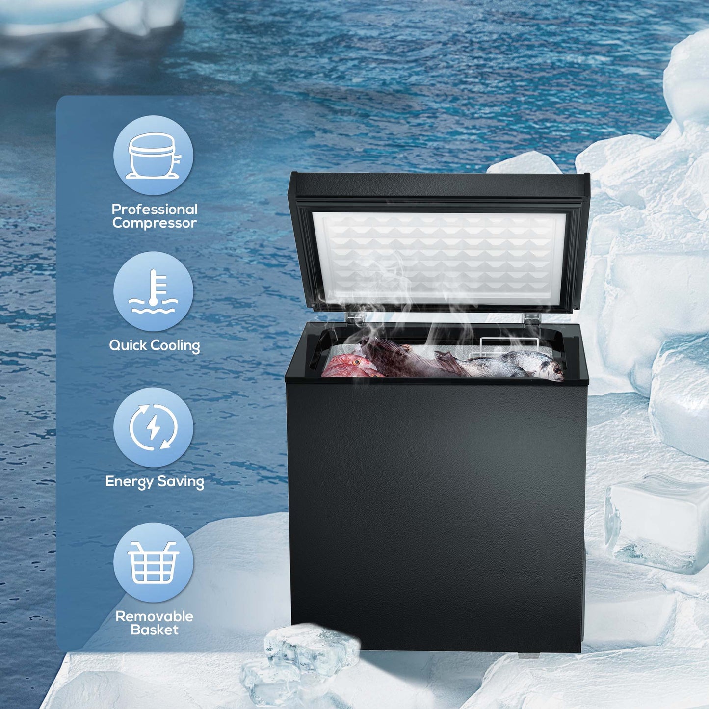 Auseo 2.5 cu. ft. Chest Freezer with 2 baskets Free Standing Top open Door Deep Compact Freezer Suitable for Home/RV/Kitchen/Office-Black