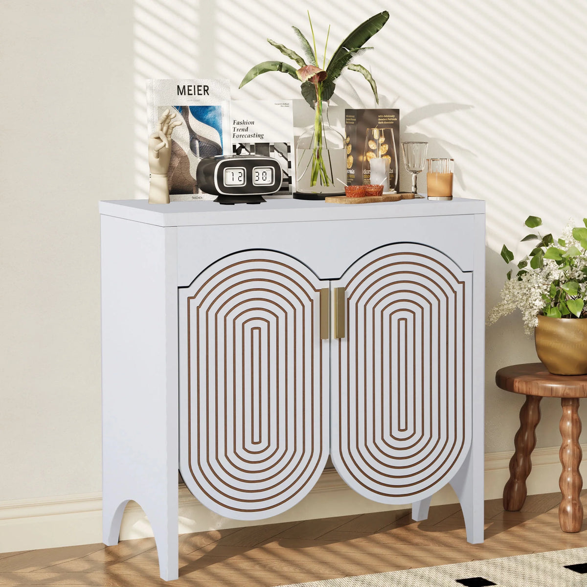 LEFHDA 2PCS Buffet Cabinet, Sideboard Cabinet with Storage, Accent Storage Cabinet with Carved Arc Door Design for Kitchen Dining Room, 2 Doors Buffet Cabinet with Adjustable Shelves
