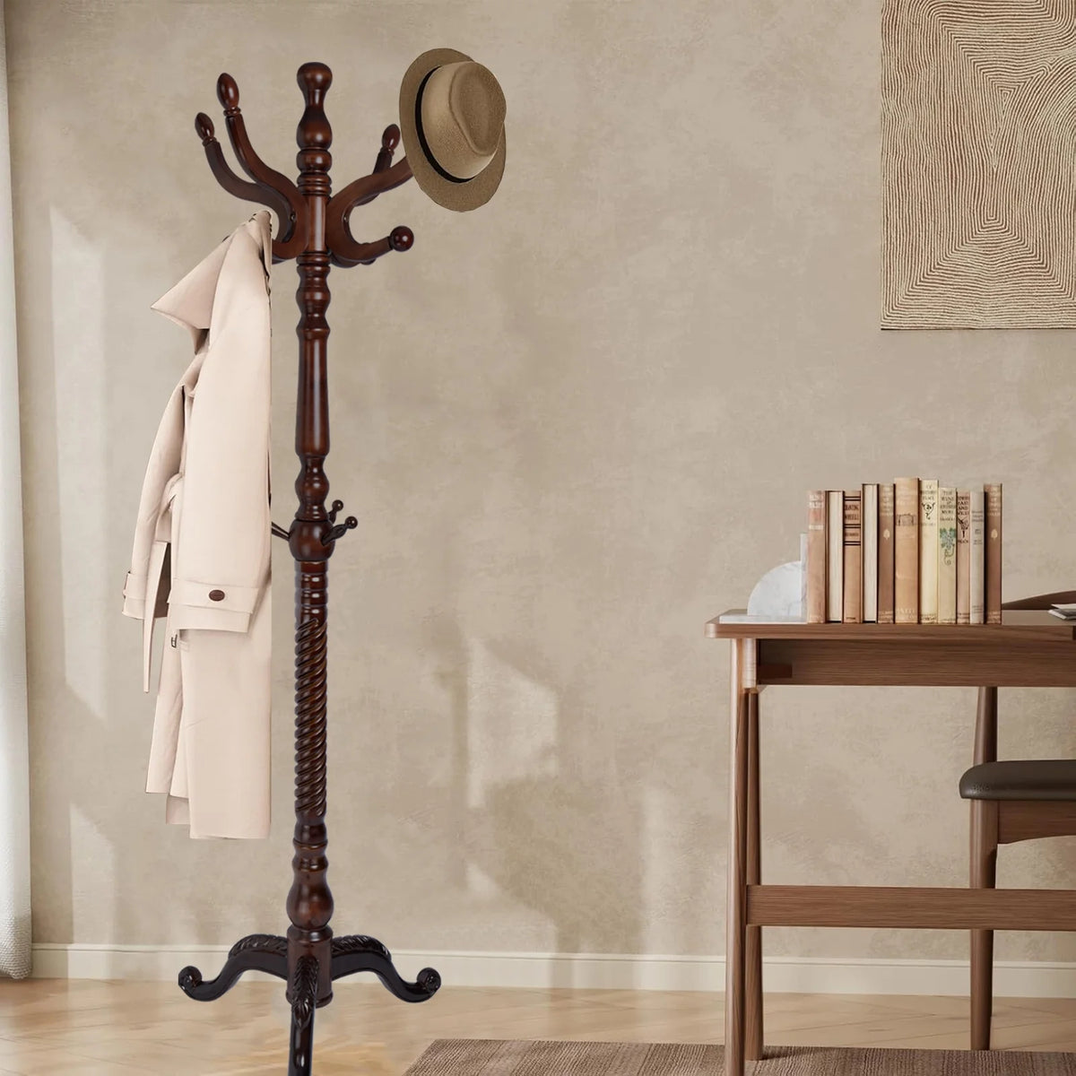 Coat Rack Freestanding, Hall Tree with 11 Hooks, Heavy Duty Wooden Coat Tree Stand, Adjustable Height, Sturdy Base for Bedroom Hallway Office - Load 270lbs