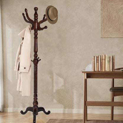 Coat Rack Freestanding, Hall Tree with 11 Hooks, Heavy Duty Wooden Coat Tree Stand, Adjustable Height, Sturdy Base for Bedroom Hallway Office - Load 270lbs