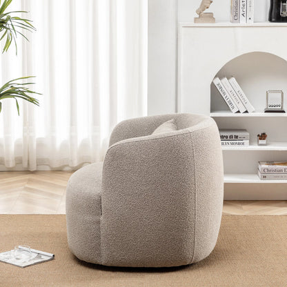 34" Wide Boucle Swivel Barrel Chair, No Assembly Round Upholstered Armchair Accent Chair Single Sofa Chair with Toss Pillow for Living Room and Bedroom, Taupe