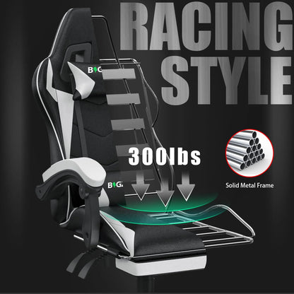 Bigzzia Gaming Chair Office Chair, Ergonomic Game Chair with Height Adjustable Headrest and Lumbar Support for Adults Teens, Black & White