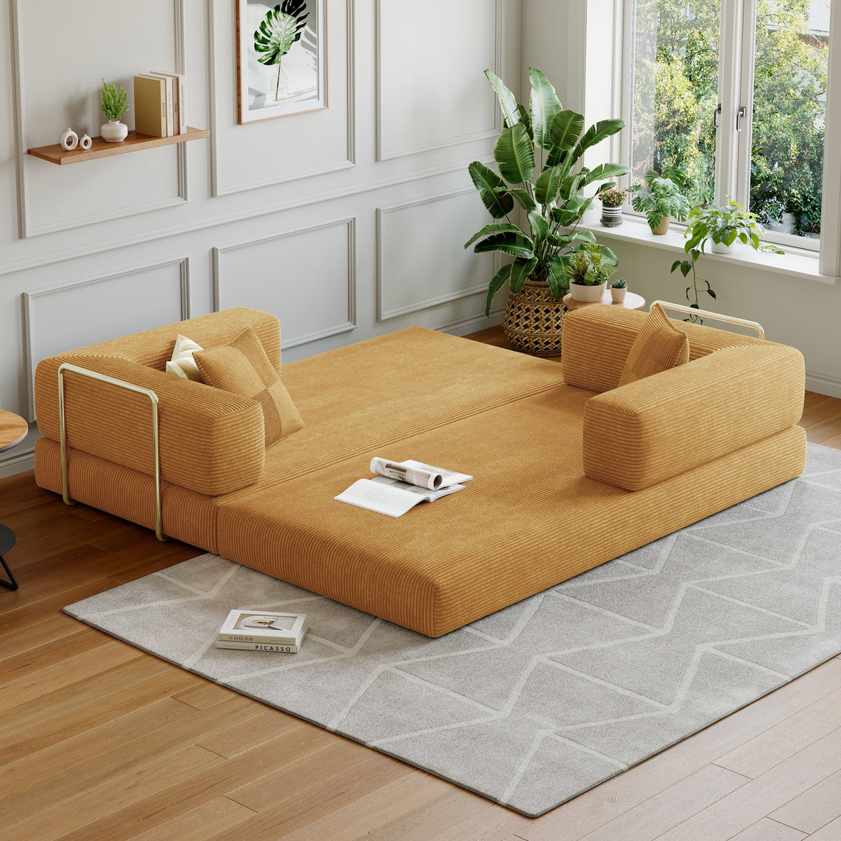 Convertible Sleeper Sofa Bed,Compressed Floor Boneless Couch,Modular Modern Corduroy Sofa for Living Room Bedroom -with Fixed-Shape Frame and Support Armrest,Easy Assembly(Green)