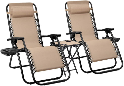 Vineego 3 Pieces Zero Gravity Chair Patio Foldable Chaise Lounge Chairs 2 Beach Chairs and Table with Cup Holders,Beige