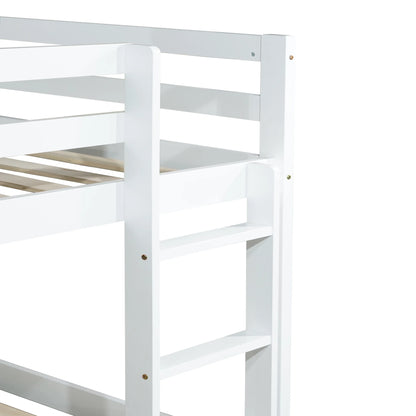 Twin Over Twin Floor Bunk Bed, UHOMEPRO Solid Wood Low Bunk Bed with Safety Rail, Ladder, Heavy Duty Bunk Beds, Space-Saving Bedroom Dorm Furniture, Gray