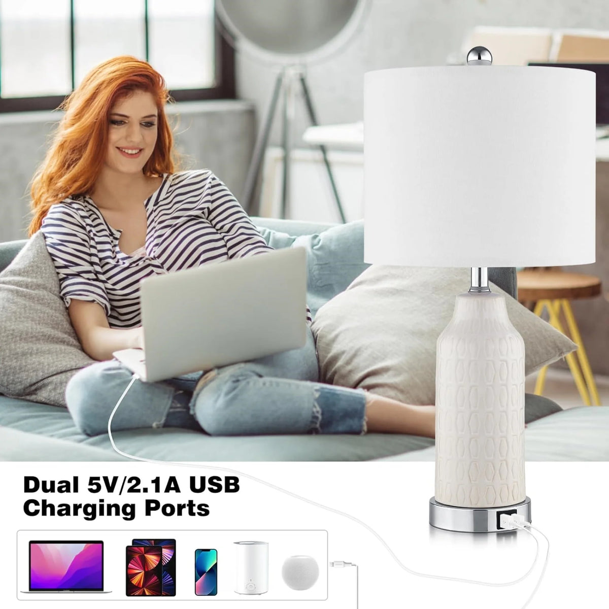 Cinkeda Table Lamp Set of 2 for Living Room Bedroom with USB Ports AC Outlet 3 Way Dimmable Touch Nightlight Farmhouse White Floral Nightstand Bedside Lamps