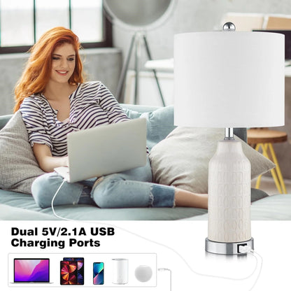 Cinkeda Table Lamp Set of 2 for Living Room Bedroom with USB Ports AC Outlet 3 Way Dimmable Touch Nightlight Farmhouse White Floral Nightstand Bedside Lamps