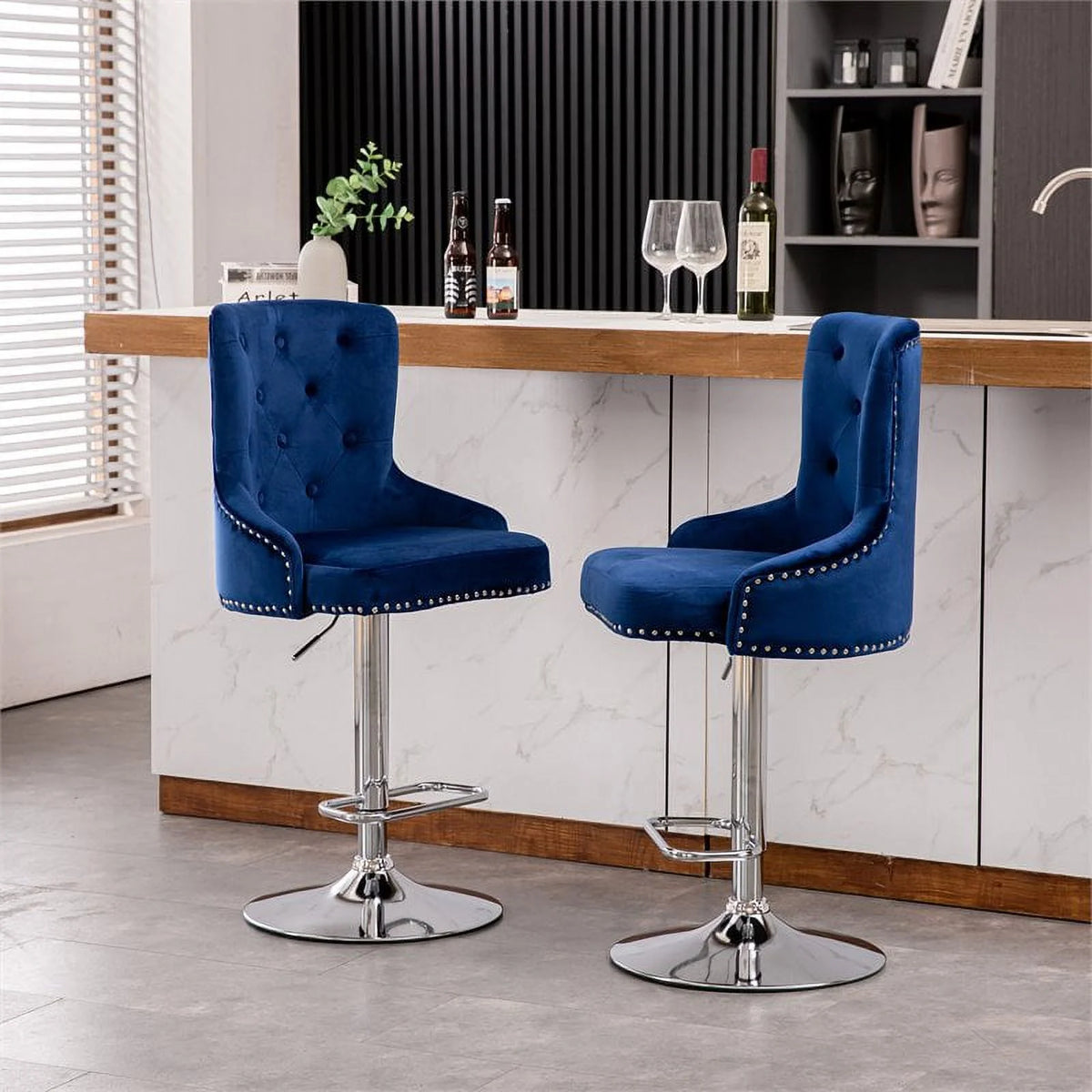 Alexent  2PCS Swivel Bar Stools, High Back, Button Tufted, Silver Footrest and Nailhead Trim Swivel Bar Chairs for Kitchen, Bar Velvet Upholstered Bar Stools, Dark Blue