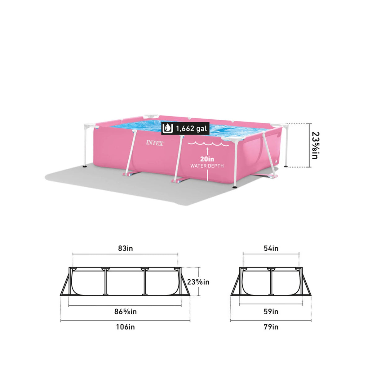Open Box INTEX Rectangular Metal Frame 7ft x 23in Above Ground Swimming Pool, Pink