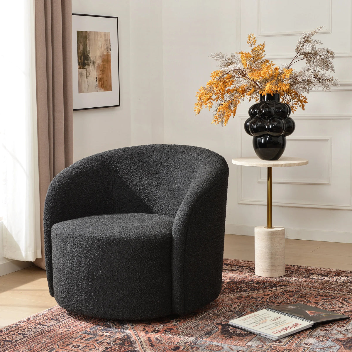 34" W Mid Century Modern Swivel Barrel Chair, Round Upholstered Boucle Swivel Accent Chairs, No Assembly Sofa Chair for Living Room Bedroom Reading Apartment Lounge Nursery(Cream)