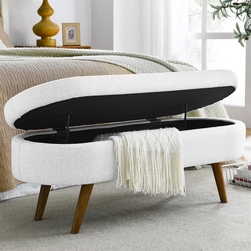 Sumdeal 43.5" Storage Ottoman Bench with 250lb Seating, Linen Upholstered Wood Legs Safety Hinge Flip Top Oval Foot Rest Long Stool for Sofa Couch Bedroom End of Bed Living Room Entryway, White