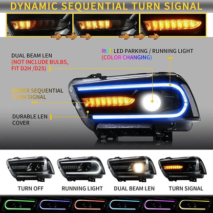 VLAND for Dodge Charger 2011 2012 2013 2014 Dual Beam Projector Headlights Replacement Assembly