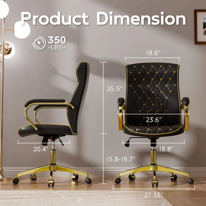 Ninecer White and Gold Office Chair with Soft Leather Embroidery, Mid Back Vintage Swivel Executive Desk Chair with Wheels and Padded Arms, Adjustable Height
