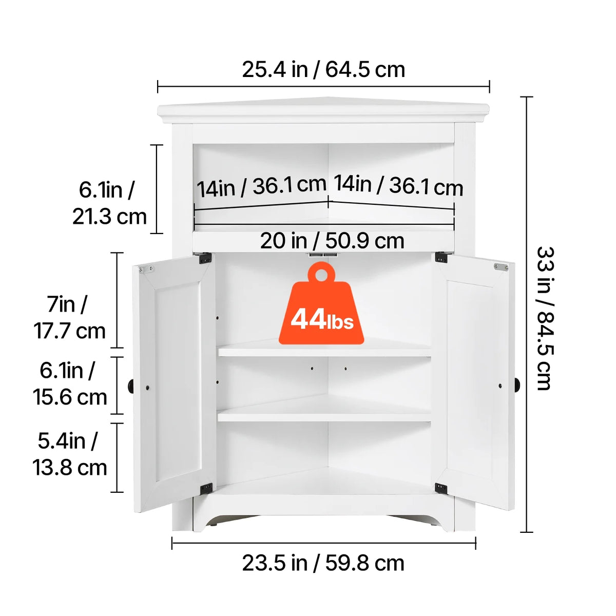 KFFKFF 32" Corner Utility Cabinet, Tri-Level Compact Storage Unit with Dual Wooden Doors & Flexible Shelving, Independent Corner Cabinet for Lounge, Kitchen, Laundry Area, Restroom, in White