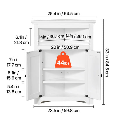 KFFKFF 32" Corner Utility Cabinet, Tri-Level Compact Storage Unit with Dual Wooden Doors & Flexible Shelving, Independent Corner Cabinet for Lounge, Kitchen, Laundry Area, Restroom, in White