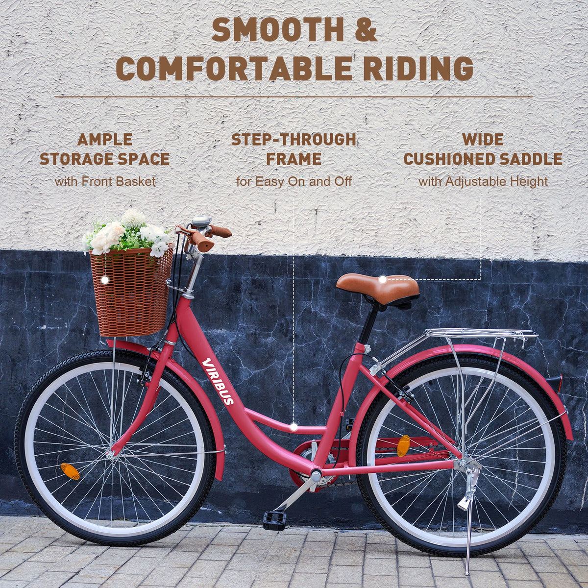 Viribus Women's Comfort Bike 24 inch Beach & City Cruiser Bicycle with Basket Rack White