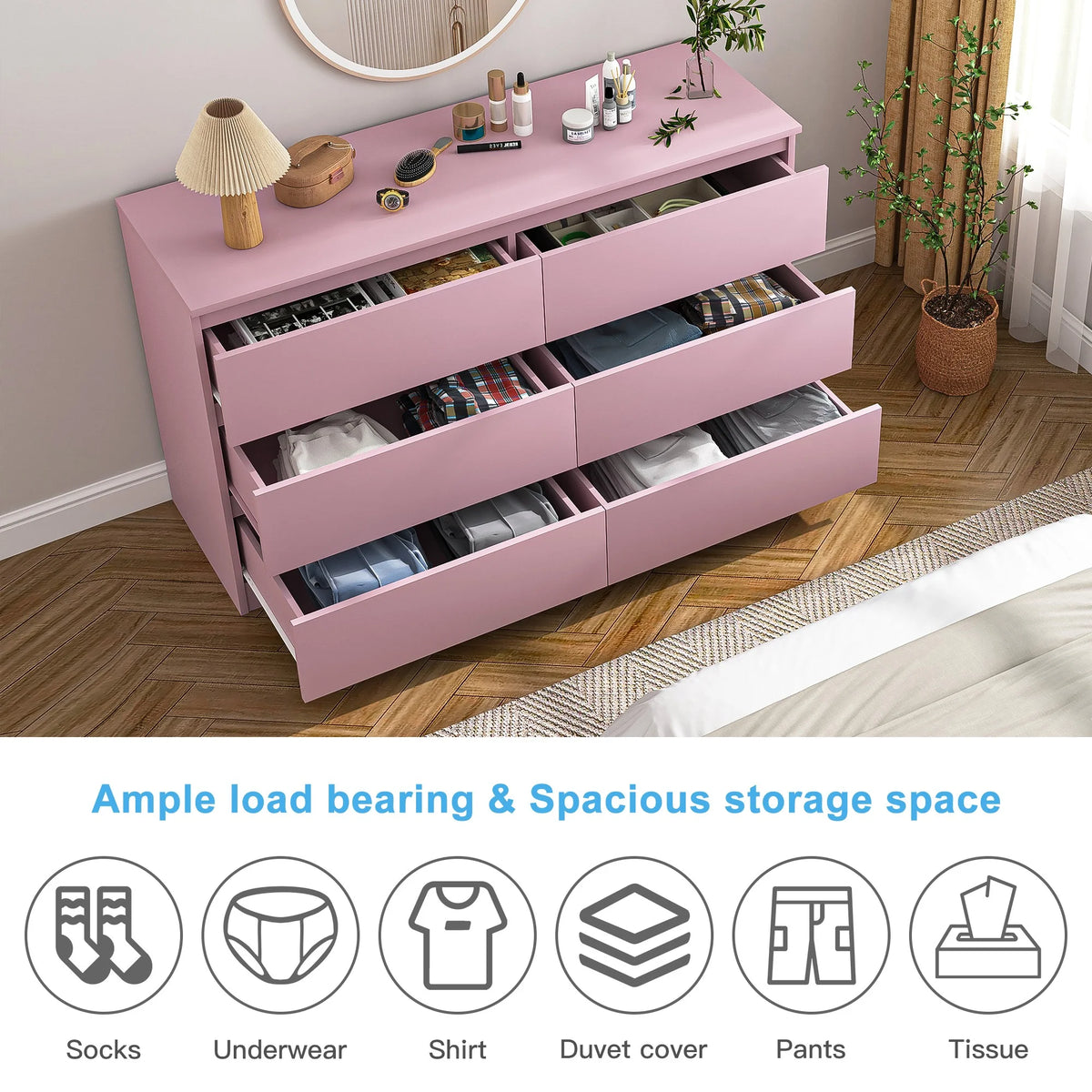 Resenkos Modern Mid Century 6 Drawer Wide Dressers Chests for Bedroom, Chest of Drawer Organizer Grey