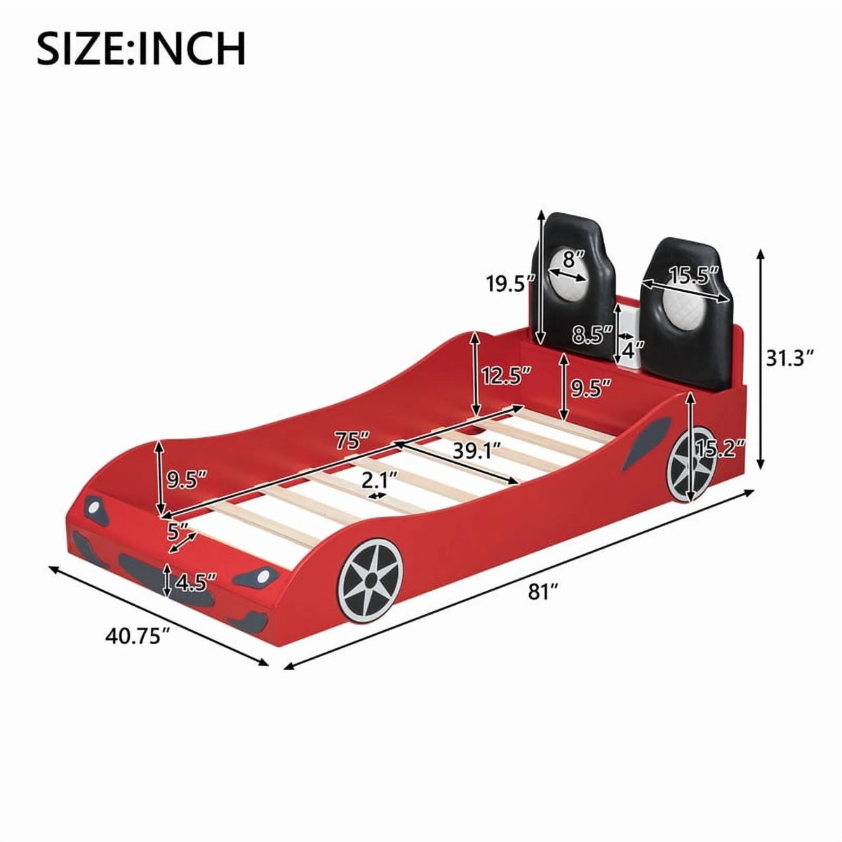 Bellemave Race Car Bed with LED Lights, Twin Size Bed Frame for Boys Kids Toddler Bed, Wooden Platform Racing Car Bed with Upholstered Backrest Headboard, No Box Spring Needed（White)