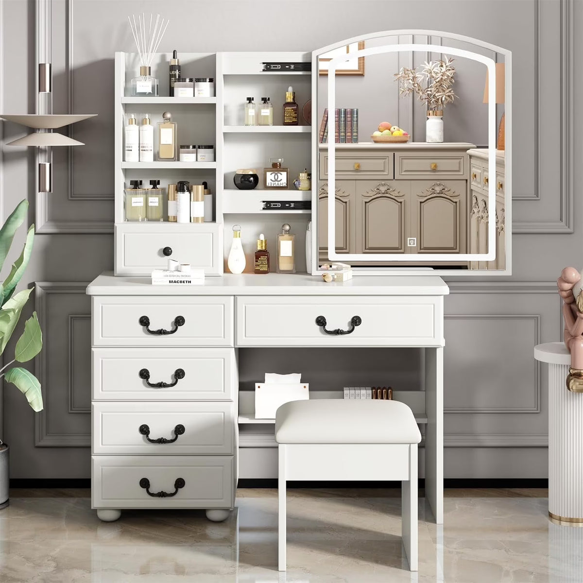 Montary Modern Mini Vanity w/Adjustable LED Mirror + Hidden Storage, Padded Stool & Dustproof Shelves (White)