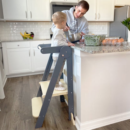 HARPPA Foldable Toddler Kitchen Tower, Standing Tower for Kids Age 1.5-6 Years, White
