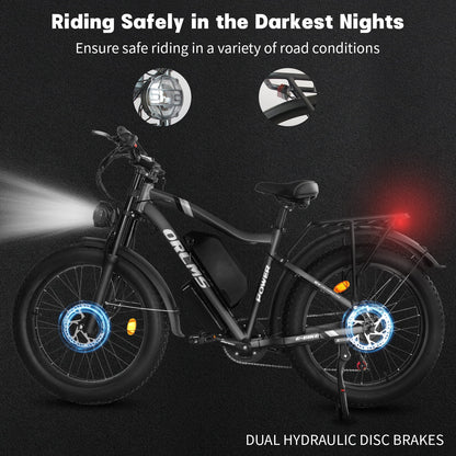 3000W Peak Dual Motor E-Bike, 52V 25AH Battery Elec-tric Bike for Adults, 35MPH Mountain AWD 7-Speed Snow E-Bike with 24" x 4.0 Fat Tire for Mountain Snow Hunting Commuting