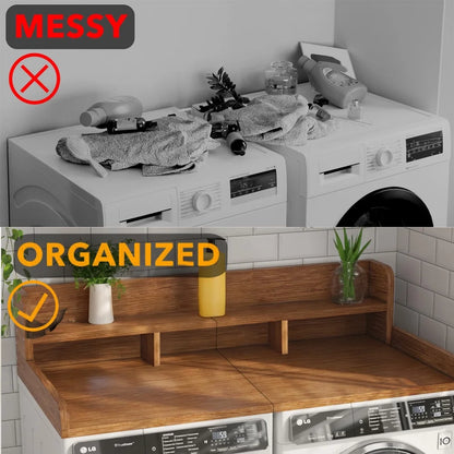 Modern Washer Dryer Countertop with 2-Tier Shelf,Laundry Room Countertop Organization Storage with 2.75" H Guard Edge Rails,Non-Slip Pad,Waterproof and Easy to Clean,54"W x 27.55"D,Natural Wood