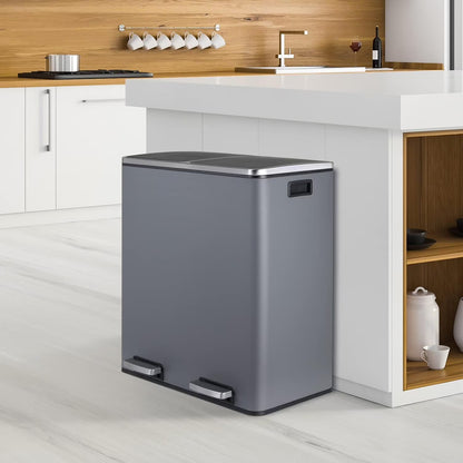 Arlopu 60 L/16 gal Dual Trash Can, Stainless Steel Garbage Can for Kitchen, Recycle Bin with Lid