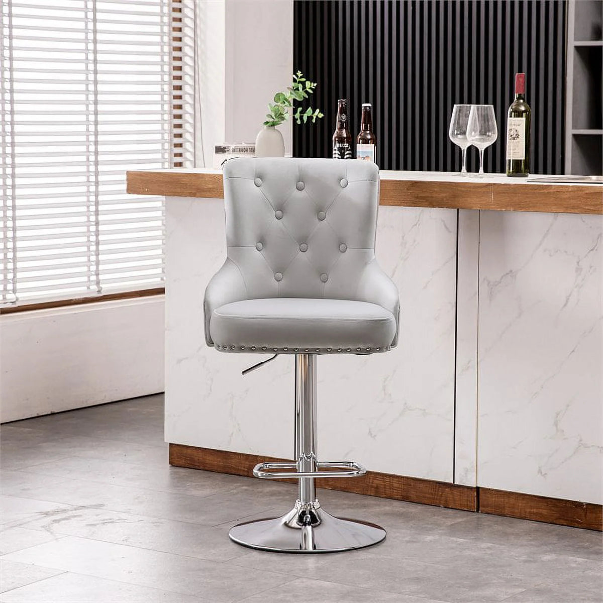 Alexent  2PCS Swivel Bar Stools, High Back, Button Tufted, Silver Footrest and Nailhead Trim Swivel Bar Chairs for Kitchen, Bar Velvet Upholstered Bar Stools, Dark Blue