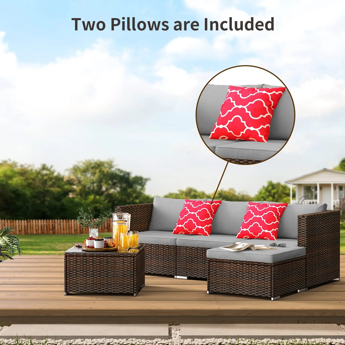 Patio Furniture Set Clearance, Lofka 5 Pieces Patio Conversation Set with Sofas and Tempered Glass Coffee Table for Outdoor Garden Gray