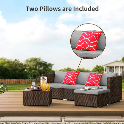 Patio Furniture Set Clearance, Lofka 5 Pieces Patio Conversation Set with Sofas and Tempered Glass Coffee Table for Outdoor Garden Gray