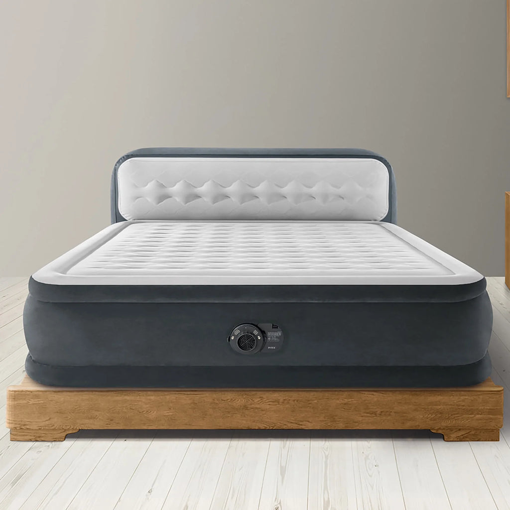 Intex: Dura-Beam Deluxe: Ultra Plush Headboard Airbed - Queen - Gray, 18" Inflatable Mattress, Built-In Pump, Fiber-Tech, Carry Bag, 600lb Cap 64447ED