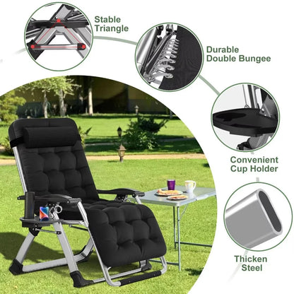 NAIZEA 2 Pack Zero Gravity Chair, Foldable Portable Lawn Recliner with Cushion, Headrest, Cup Holder, Black
