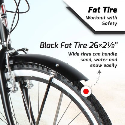 TRACER TAHA Beach Cruiser Bike for Men,26 Inch Wheels, Hi Ten Steel Frame, 7 Speed, Hybrid Bike for Adults, Complete Cruiser Bikes, Coaster Brake, Matte Black