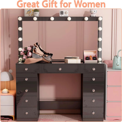 Vanity Desk with Power Outlet, Makeup Vanity with Mirror and 14 LED Light, 3 Lighting Modes,11 Drawer Vanity Table with Sliding Jewelry Storage, Glass Top, Specular Surface