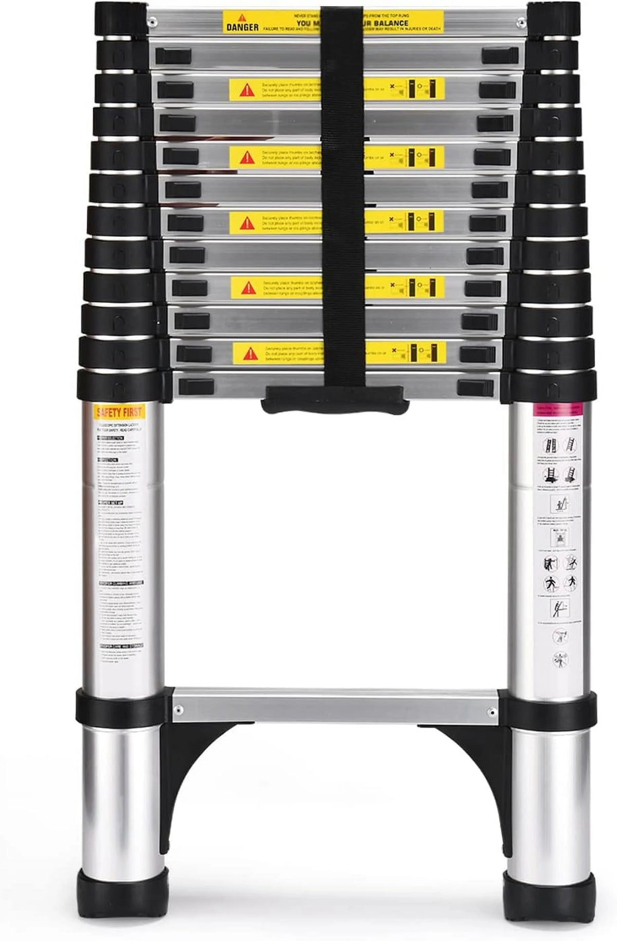 HBTower 12.5 FT Telescoping Ladder,  Aluminum Lightweight Extension Ladder with 2 Triangle Stabilizers, Heavy Duty 330lbs Max Capacity, Multi-Purpose Collapsible Ladder for RV or Outdoor Work