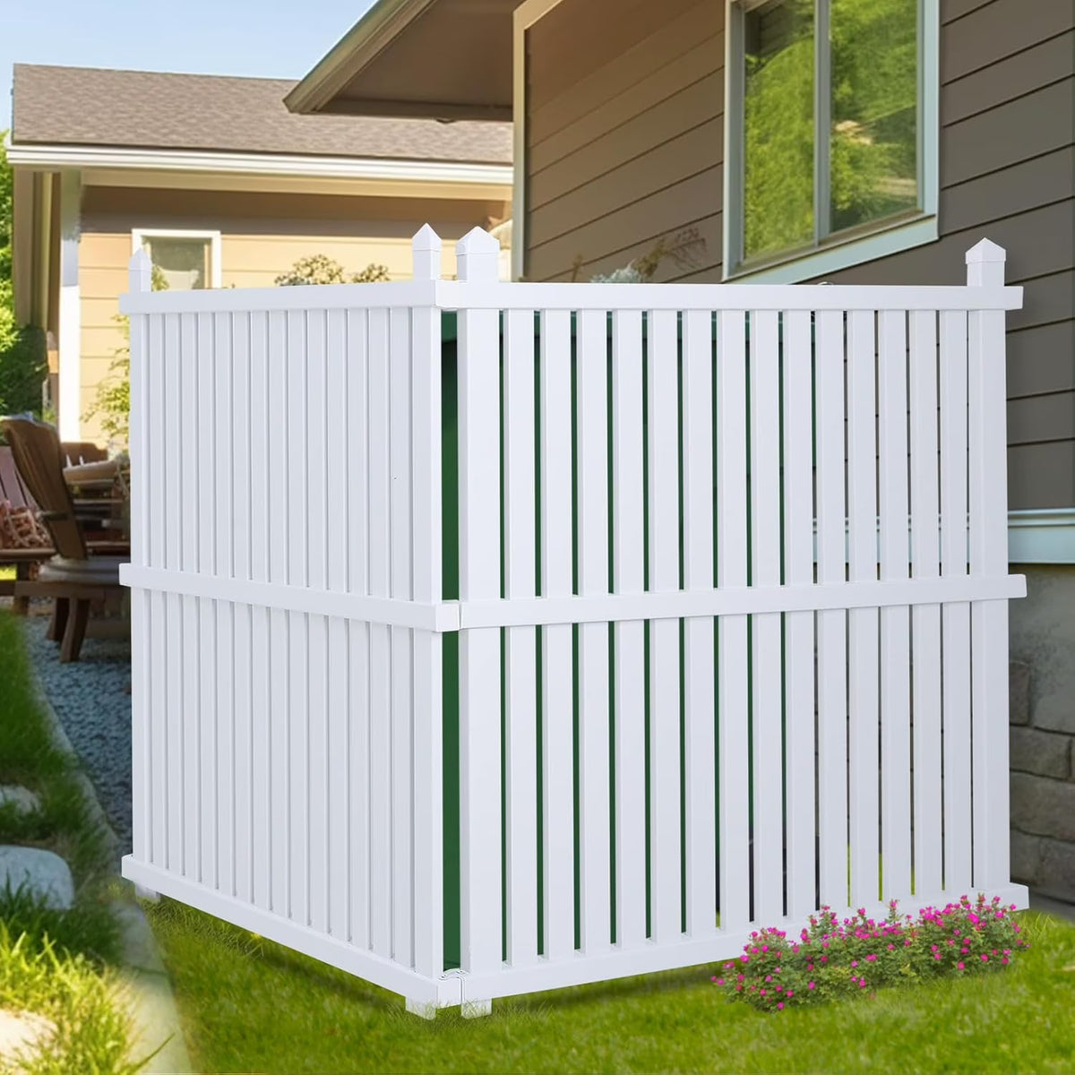 36"W X 45"H Outdoor Privacy Screen, Vinyl Air Conditioner Fence with Metal Stake, No Dig Trash Can Enclosure for Outside- 2 PVC Panels, White, Vertical