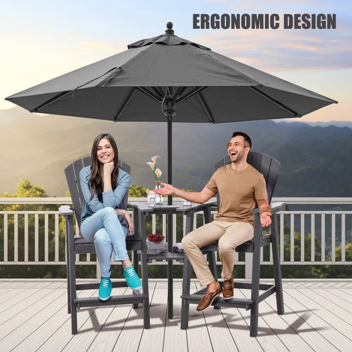 Tall Adirondack Chairs Set of 2，Outdoor Adirondack Barstools with Double Connecting Tray Patio Stools Weather Resistant for Outdoor Deck Lawn Pool Backyard,Grey