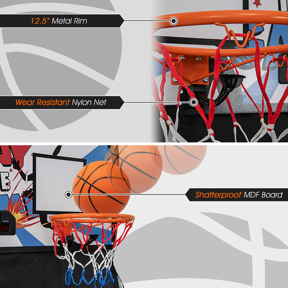 Costway Dual LED Electronic Shot Basketball Arcade Game with 8 Game Modes 4 Balls Foldable Grey